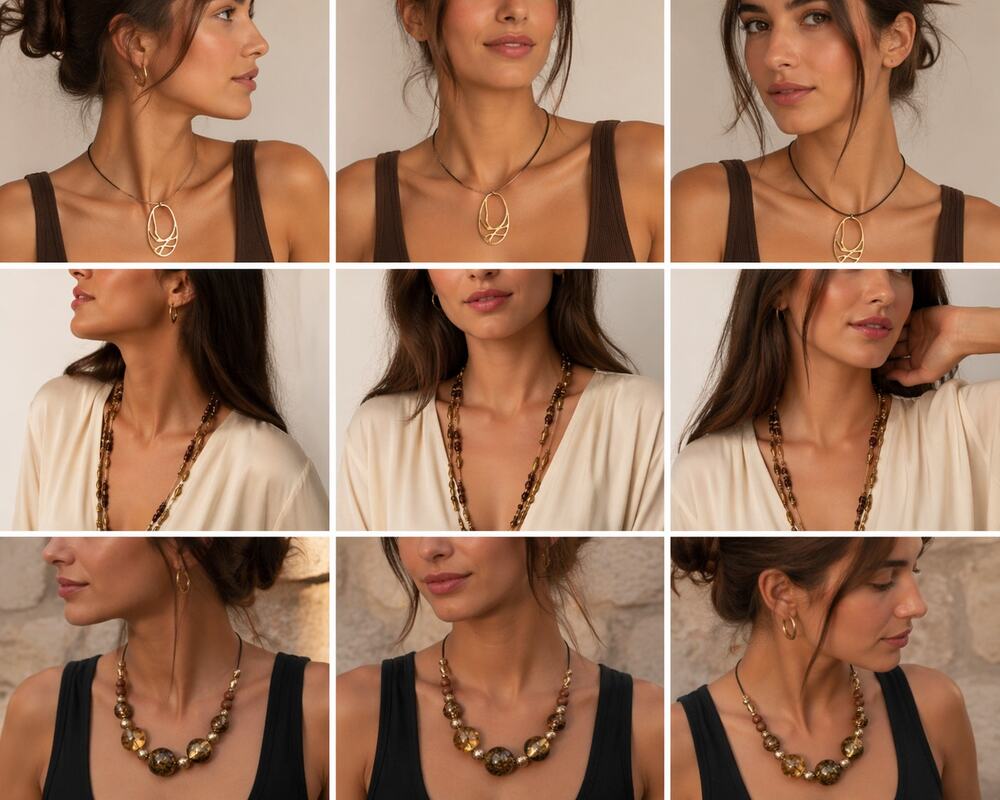 Gold Tone Necklace Bundle (3) | Statement Pendant, Beaded & Layering Styles